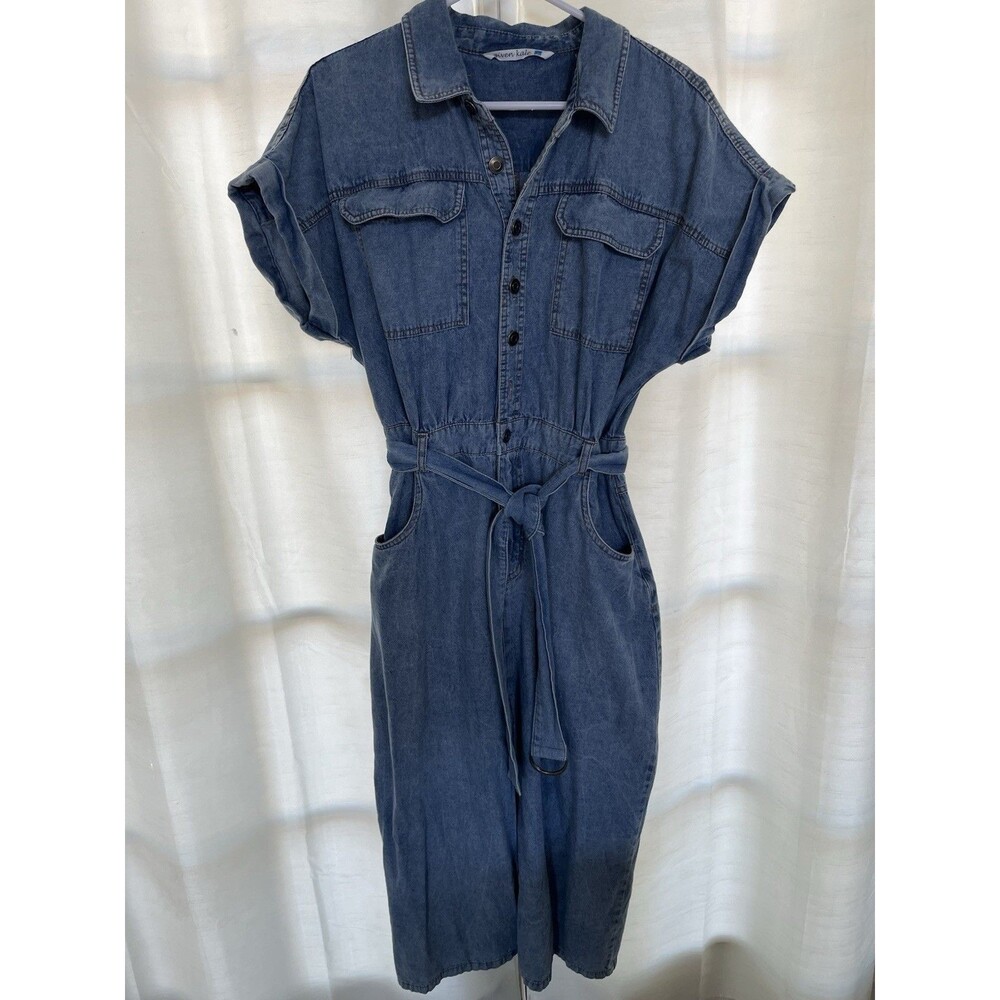 Given Kale Women's Maxi Dress Med Wash Denim Cap Sleeves Pockets Everyday Size L